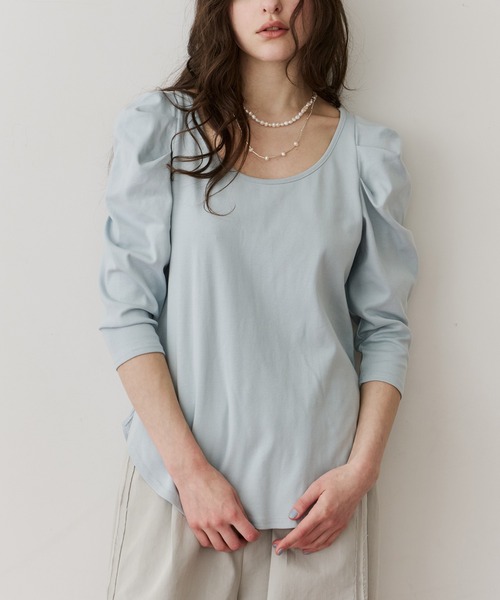 LA BELLE ETUDE（ラベルエチュード）の「ギャザーパフショートスリーブカットソー（Tシャツ/カットソー・レディース・ライトブルー/ブラック/ピンク/ホワイト・FREE）」の3枚目の写真