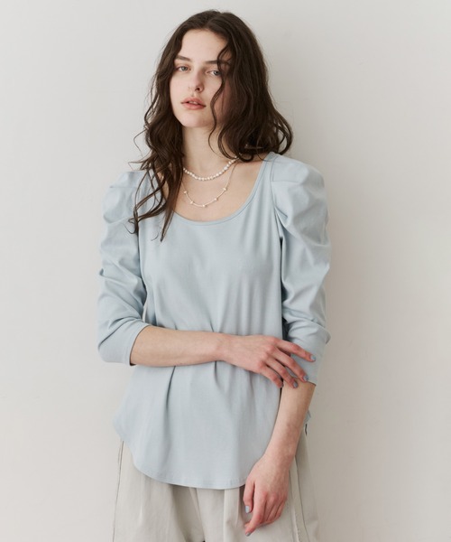 LA BELLE ETUDE（ラベルエチュード）の「ギャザーパフショートスリーブカットソー（Tシャツ/カットソー・レディース・ライトブルー/ブラック/ピンク/ホワイト・FREE）」の9枚目の写真