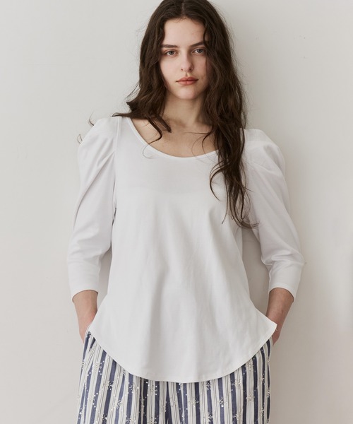 LA BELLE ETUDE（ラベルエチュード）の「ギャザーパフショートスリーブカットソー（Tシャツ/カットソー・レディース・ライトブルー/ブラック/ピンク/ホワイト・FREE）」の7枚目の写真