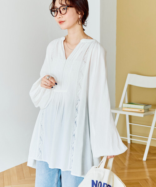 限定展開 インド レース ピンタック ロングスリーブ ブラウス（シャツ