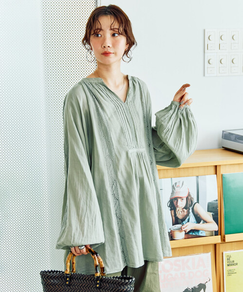 限定展開 インド レース ピンタック ロングスリーブ ブラウス（シャツ