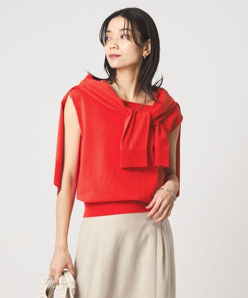 green label relaxing(グリーンレーベルリラクシング)の「HIYOKE スクエアネック フレンチスリーブ ニット(ニット/セーター・レディース・ホワイト/ライトグレー/ダークブラウン/レッド/ネイビー・FREE)」の5枚目の写真