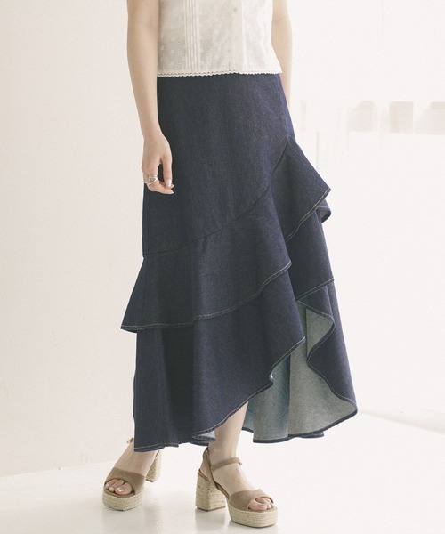 セール】Asymmetry Denim Skirt/アシンメトリーデニムスカート（デニム
