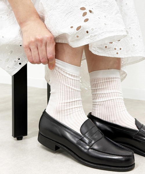 SHIZUTA（シズタ）の「SHIZUTA:　シアー　透け感リブ　クルーソックス（ソックス/靴下・レディース・ブラック/杢グレー/ホワイト・FREE）」の9枚目の写真