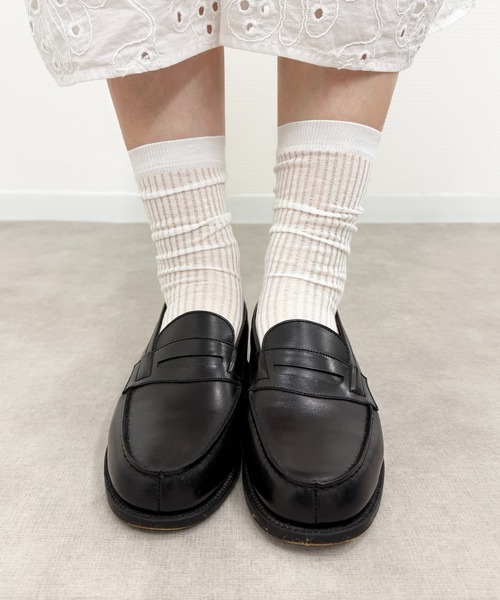 SHIZUTA（シズタ）の「SHIZUTA:　シアー　透け感リブ　クルーソックス（ソックス/靴下・レディース・ブラック/杢グレー/ホワイト・FREE）」の4枚目の写真