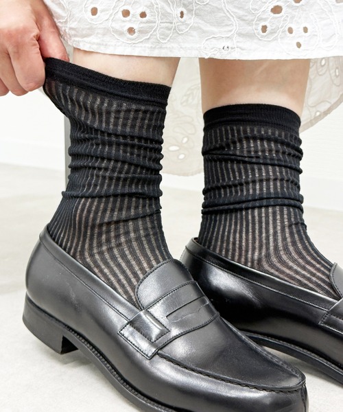 SHIZUTA（シズタ）の「SHIZUTA:　シアー　透け感リブ　クルーソックス（ソックス/靴下・レディース・ブラック/杢グレー/ホワイト・FREE）」の14枚目の写真