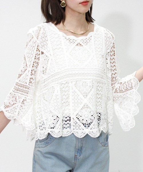 Fizz(フィズ)の「クロシェレースプルオーバー(Tシャツ/カットソー・レディース・ブラック/アイボリー/ホワイト・M)」の1枚目の写真