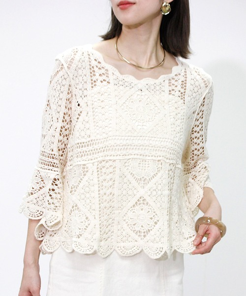 Fizz(フィズ)の「クロシェレースプルオーバー(Tシャツ/カットソー・レディース・ブラック/アイボリー/ホワイト・M)」の2枚目の写真