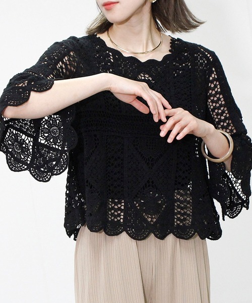 Fizz(フィズ)の「クロシェレースプルオーバー(Tシャツ/カットソー・レディース・ブラック/アイボリー/ホワイト・M)」の3枚目の写真
