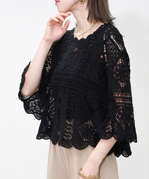 Fizz(フィズ)の「クロシェレースプルオーバー(Tシャツ/カットソー・レディース・ブラック/アイボリー/ホワイト・M)」の8枚目の写真