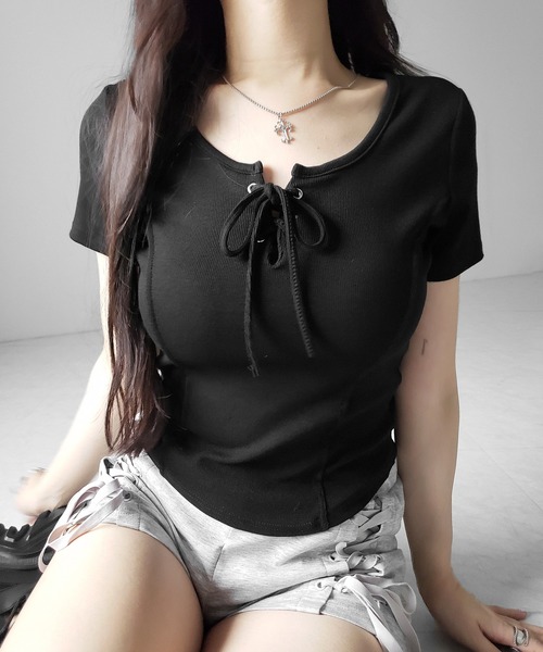 me+em select(ミームセレクト)の「【 3color 】レースアップスリムリブTシャツ / laceup slim lib T-shirts(Tシャツ/カットソー・レディース・グレー/ホワイト/ブラック・FREE)」の8枚目の写真