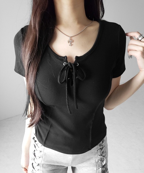 me+em select(ミームセレクト)の「【 3color 】レースアップスリムリブTシャツ / laceup slim lib T-shirts(Tシャツ/カットソー・レディース・グレー/ホワイト/ブラック・FREE)」の9枚目の写真