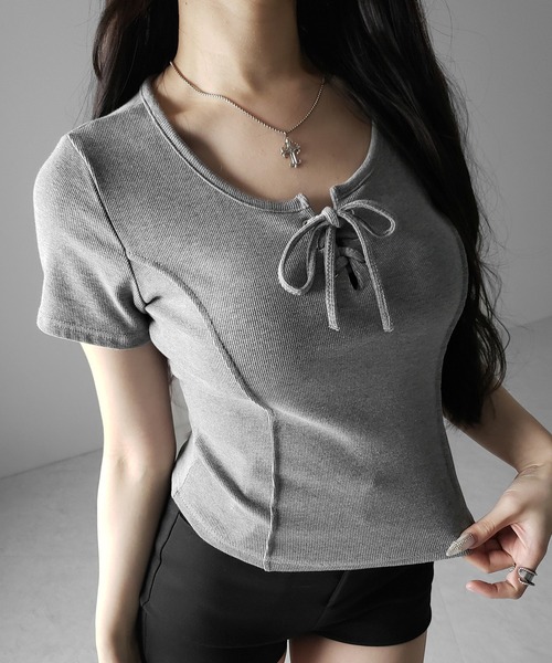 me+em select(ミームセレクト)の「【 3color 】レースアップスリムリブTシャツ / laceup slim lib T-shirts(Tシャツ/カットソー・レディース・グレー/ホワイト/ブラック・FREE)」の19枚目の写真