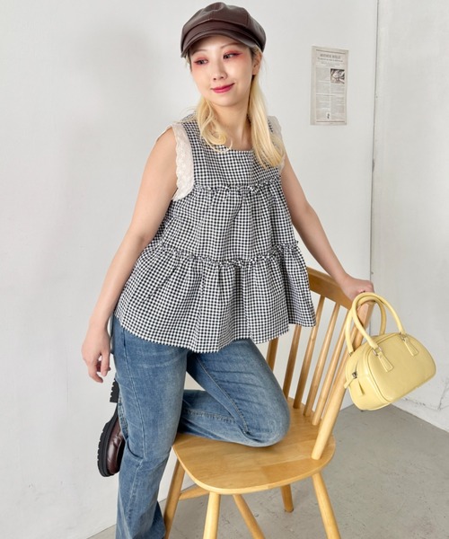 SOLLON.(ソルロン)の「チェックフリルタンクブラウス(シャツ/ブラウス・レディース・ブラック/ネイビー/オフホワイト・FREE)」の15枚目の写真