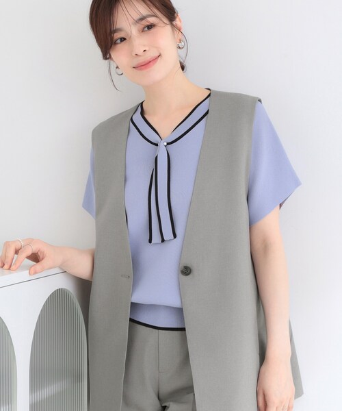 SHOO・LA・RUE(シューラルー)の「【セットアップ可/洗濯後しわになりにくい/S-LL】シンプルで合わせやすい ノーカラージレ(ベスト・レディース・ナチュラル/ネイビー/グレー・01/02/03/04)」の2枚目の写真