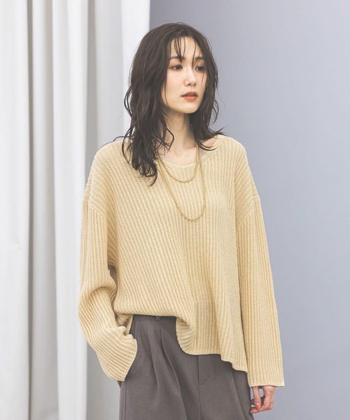 GLOBAL WORK(グローバルワーク)の「ペーパーヤーンニットプルオーバー長袖/646687(ニット/セーター・レディース・ダークブラウン/イエロー系/ナチュラル・MEDIUM/LARGE)」の3枚目の写真
