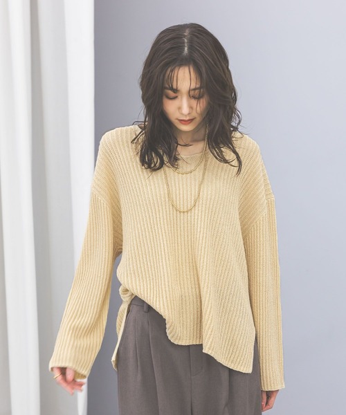 GLOBAL WORK(グローバルワーク)の「ペーパーヤーンニットプルオーバー長袖/646687(ニット/セーター・レディース・ダークブラウン/イエロー系/ナチュラル・MEDIUM/LARGE)」の9枚目の写真