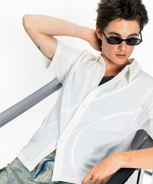 Elanque(エランク)の「curve line half sleeve shirt / カーブライン半袖シャツ(シャツ/ブラウス・メンズ・ホワイト/ブルー・MEDIUM/LARGE)」の8枚目の写真