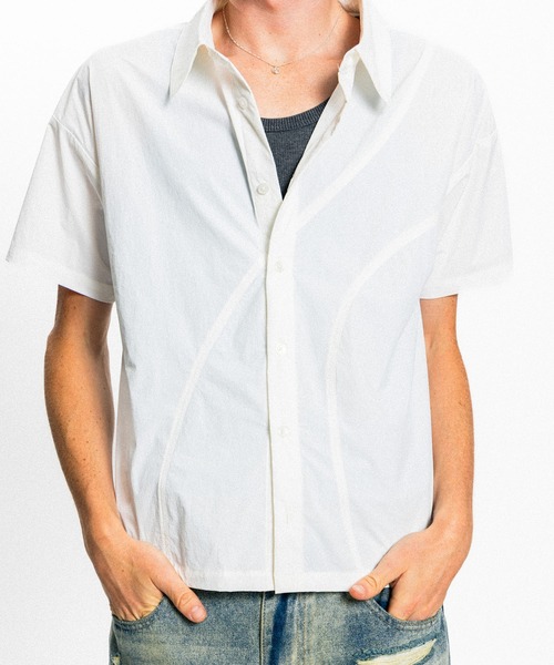Elanque(エランク)の「curve line half sleeve shirt / カーブライン半袖シャツ(シャツ/ブラウス・メンズ・ホワイト/ブルー・MEDIUM/LARGE)」の9枚目の写真