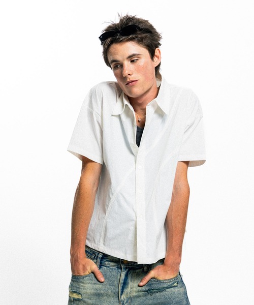 Elanque(エランク)の「curve line half sleeve shirt / カーブライン半袖シャツ(シャツ/ブラウス・メンズ・ホワイト/ブルー・MEDIUM/LARGE)」の10枚目の写真