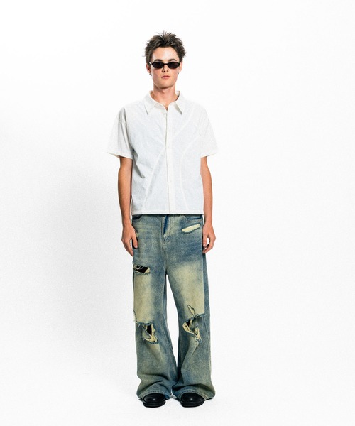Elanque(エランク)の「curve line half sleeve shirt / カーブライン半袖シャツ(シャツ/ブラウス・メンズ・ホワイト/ブルー・MEDIUM/LARGE)」の11枚目の写真