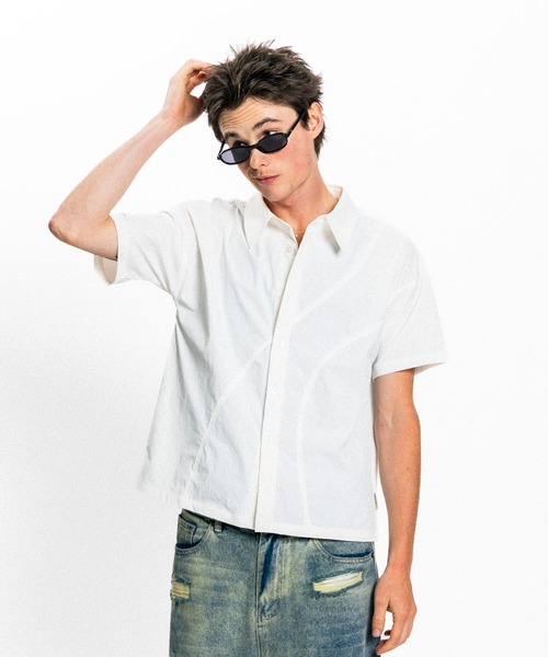 Elanque(エランク)の「curve line half sleeve shirt / カーブライン半袖シャツ(シャツ/ブラウス・メンズ・ホワイト/ブルー・MEDIUM/LARGE)」の4枚目の写真
