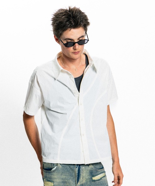 Elanque(エランク)の「curve line half sleeve shirt / カーブライン半袖シャツ(シャツ/ブラウス・メンズ・ホワイト/ブルー・MEDIUM/LARGE)」の3枚目の写真