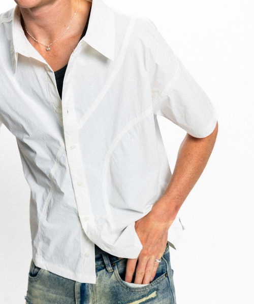 Elanque(エランク)の「curve line half sleeve shirt / カーブライン半袖シャツ(シャツ/ブラウス・メンズ・ホワイト/ブルー・MEDIUM/LARGE)」の7枚目の写真