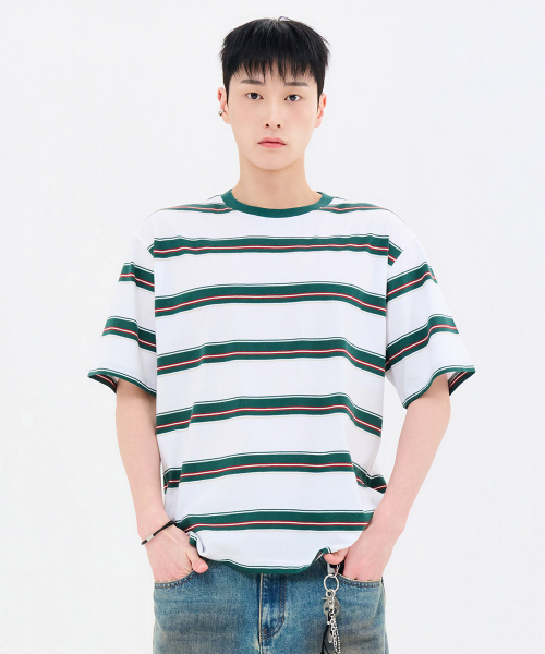 CHASECULT(チェイスカルト)の「共用ビッグマルチストライプ半袖Tシャツ-FBRU5820D0H(Tシャツ/カットソー・メンズ・グリーン・90/100/95/105)」の1枚目の写真