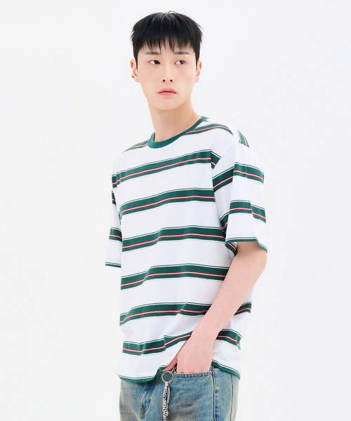 CHASECULT(チェイスカルト)の「共用ビッグマルチストライプ半袖Tシャツ-FBRU5820D0H(Tシャツ/カットソー・メンズ・グリーン・90/100/95/105)」の2枚目の写真