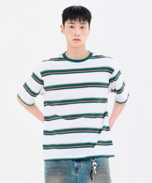 CHASECULT(チェイスカルト)の「共用ビッグマルチストライプ半袖Tシャツ-FBRU5820D0H(Tシャツ/カットソー・メンズ・グリーン・90/100/95/105)」の3枚目の写真