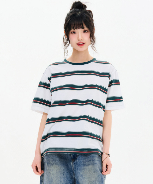 CHASECULT(チェイスカルト)の「共用ビッグマルチストライプ半袖Tシャツ-FBRU5820D0H(Tシャツ/カットソー・メンズ・グリーン・90/100/95/105)」の4枚目の写真