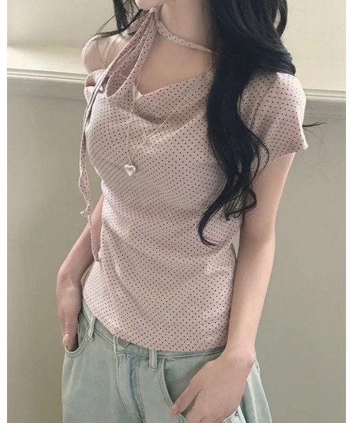 inst.ALL(インストール)の「ネックリボンドットワンショルトップス(Tシャツ/カットソー・レディース・ホワイト/ライトピンク/ブラック・M)」の3枚目の写真