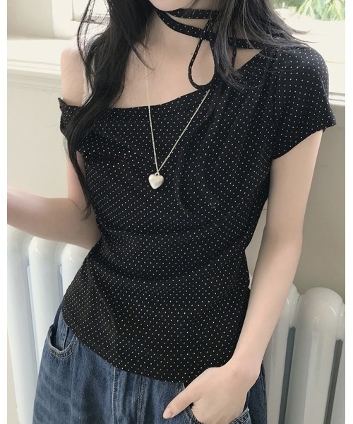 inst.ALL(インストール)の「ネックリボンドットワンショルトップス(Tシャツ/カットソー・レディース・ホワイト/ライトピンク/ブラック・M)」の1枚目の写真
