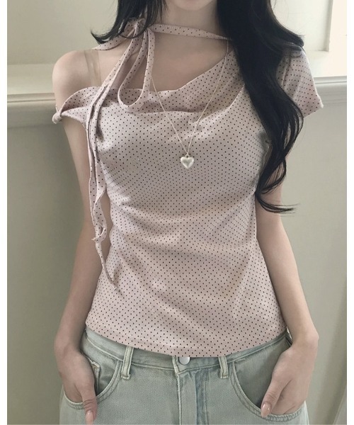inst.ALL(インストール)の「ネックリボンドットワンショルトップス(Tシャツ/カットソー・レディース・ホワイト/ライトピンク/ブラック・M)」の5枚目の写真