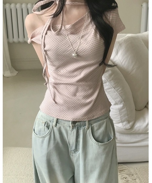 inst.ALL(インストール)の「ネックリボンドットワンショルトップス(Tシャツ/カットソー・レディース・ホワイト/ライトピンク/ブラック・M)」の7枚目の写真