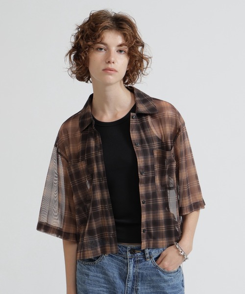 AVIREX(アヴィレックス)の「《直営店限定》SHEER CHECK SHIRT(シャツ/ブラウス・レディース・オレンジ/ベージュ・F)」の2枚目の写真