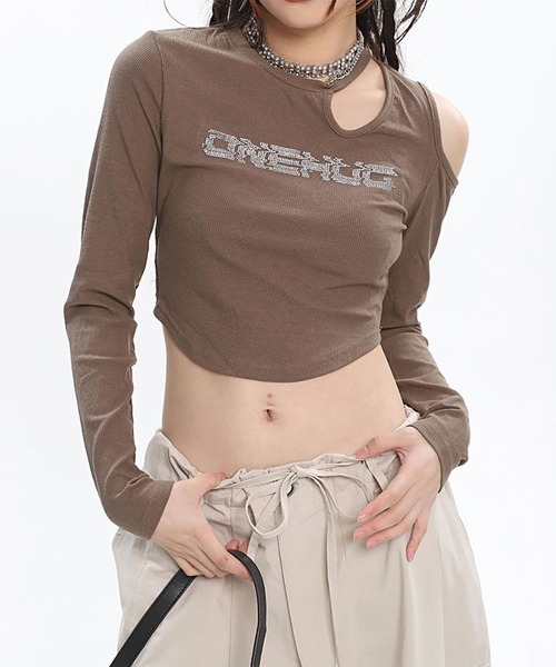 WESTBOY(ウエストボーイ)の「Y2K ラインストーン カットアウト スリムシルエット クロップドトップス WOG26S2TP04(Tシャツ/カットソー・レディース・ブラック/ブラウン・FREE)」の2枚目の写真