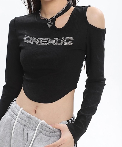 WESTBOY(ウエストボーイ)の「Y2K ラインストーン カットアウト スリムシルエット クロップドトップス WOG26S2TP04(Tシャツ/カットソー・レディース・ブラック/ブラウン・FREE)」の1枚目の写真