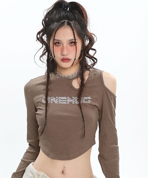 WESTBOY(ウエストボーイ)の「Y2K ラインストーン カットアウト スリムシルエット クロップドトップス WOG26S2TP04(Tシャツ/カットソー・レディース・ブラック/ブラウン・FREE)」の4枚目の写真