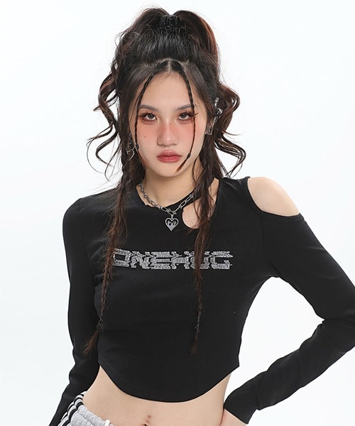 WESTBOY(ウエストボーイ)の「Y2K ラインストーン カットアウト スリムシルエット クロップドトップス WOG26S2TP04(Tシャツ/カットソー・レディース・ブラック/ブラウン・FREE)」の14枚目の写真