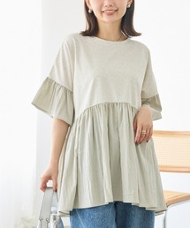 LAVEANGE（ラビアンジェ）の「異素材切替ティアードチュニック|甘すぎない絶妙なボリューム感 一枚で着映え 美シルエット 大人フェミニン フレアスリーブ 体型カバー（チュニック）」