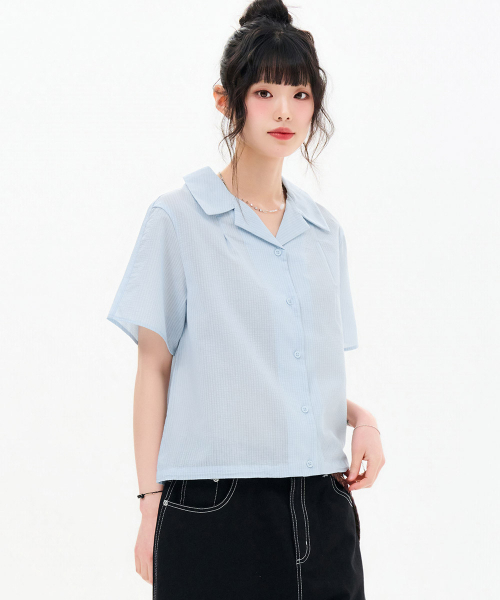 CHASECULT（チェイスカルト）の「レディース オープンカラー ストライプ 半袖シャツ-FBRG5576D0D（シャツ/ブラウス・レディース・スカイブルー・85/90）」の3枚目の写真