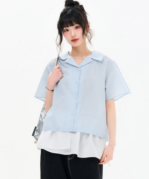 CHASECULT（チェイスカルト）の「レディース オープンカラー ストライプ 半袖シャツ-FBRG5576D0D（シャツ/ブラウス・レディース・スカイブルー・85/90）」の4枚目の写真