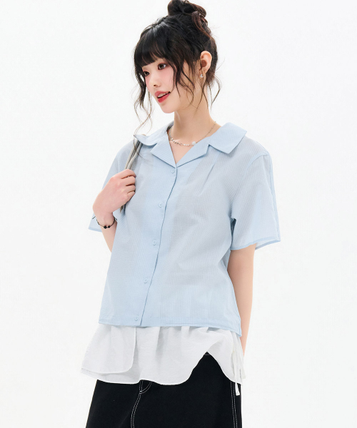 CHASECULT（チェイスカルト）の「レディース オープンカラー ストライプ 半袖シャツ-FBRG5576D0D（シャツ/ブラウス・レディース・スカイブルー・85/90）」の5枚目の写真