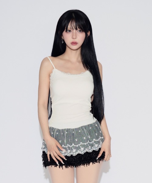 tinkerend(ティンカーエンド)の「Lace Rib Peplum / レースリブぺプラム カップ付き(キャミソール・レディース・ホワイト/ブラック/グレー・FREE)」の1枚目の写真