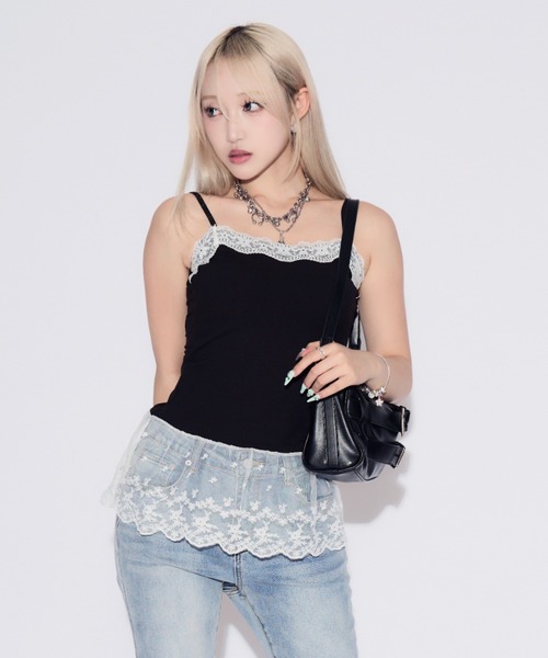 tinkerend(ティンカーエンド)の「Lace Rib Peplum / レースリブぺプラム カップ付き(キャミソール・レディース・ホワイト/ブラック/グレー・FREE)」の2枚目の写真