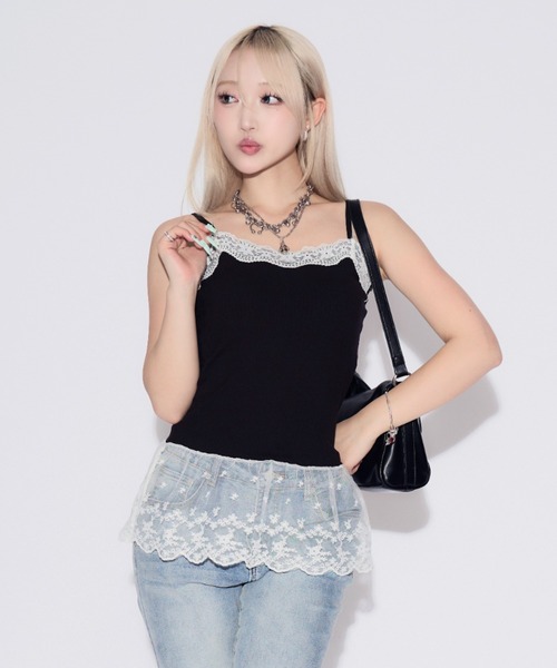 tinkerend(ティンカーエンド)の「Lace Rib Peplum / レースリブぺプラム カップ付き(キャミソール・レディース・ホワイト/ブラック/グレー・FREE)」の21枚目の写真
