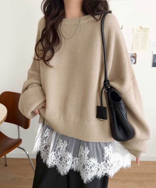 classicalelf（クラシカルエルフ）の「パッと着て、オシャレ完了◎裾レースドッキングニットプルオーバー（長袖）（ニット/セーター・レディース・アイボリー/モカ/グレー/チャコール/スミクロ・LARGE/X-LARGE/SMALL/MEDIUM）」の5枚目の写真