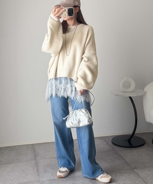 classicalelf（クラシカルエルフ）の「パッと着て、オシャレ完了◎裾レースドッキングニットプルオーバー（長袖）（ニット/セーター・レディース・アイボリー/モカ/グレー/チャコール/スミクロ・LARGE/X-LARGE/SMALL/MEDIUM）」の10枚目の写真